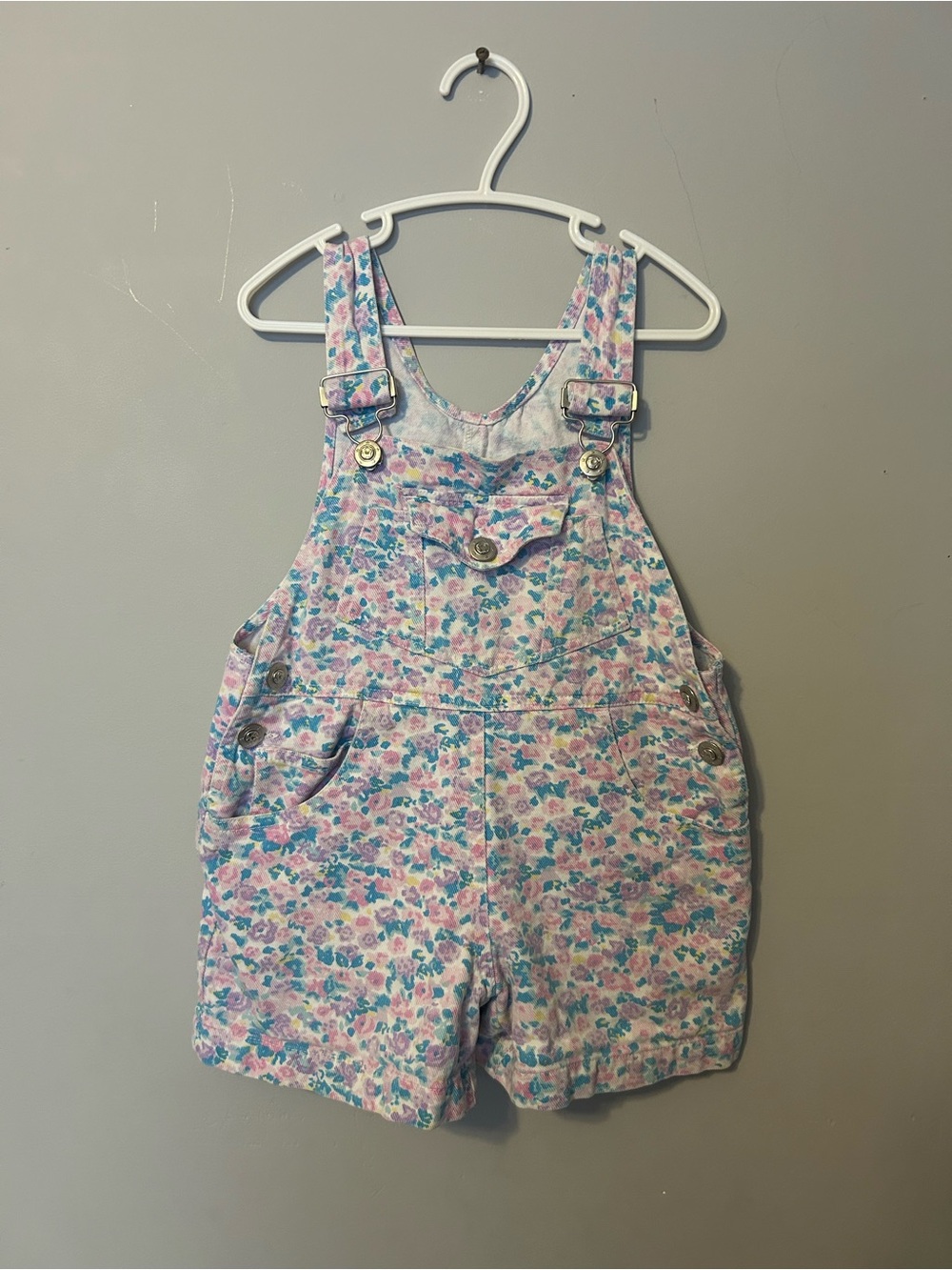 Vintage Girls Floral Short Overalls - Pink & Blue
